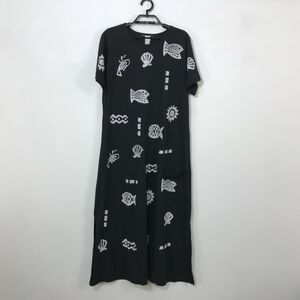 Vintage 80s Midi Dress Size M Black Painted Fish Shells Beachy Short Sleeve